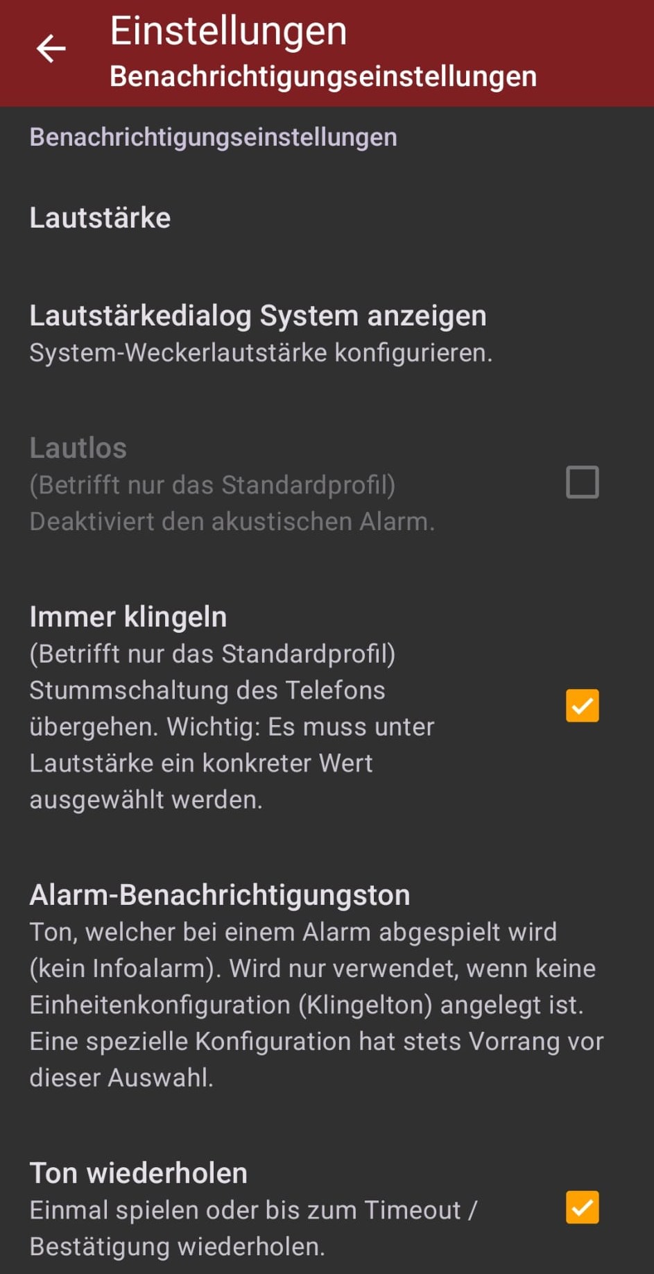 aPager-PRO-Benachrichtigungseinstellungen unter Android: „Immer klingeln“ aktiviert (Stummschaltung des Telefons übergehen), „Lautlos“ deaktiviert und „Ton wiederholen“ aktiviert.