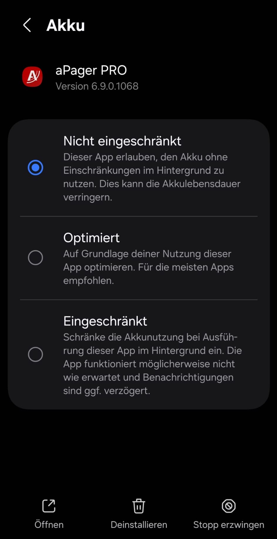 Samsung-Akku-Einstellung für aPager PRO: Option „Nicht eingeschränkt“ ausgewählt, damit die App im Hintergrund uneingeschränkt läuft.