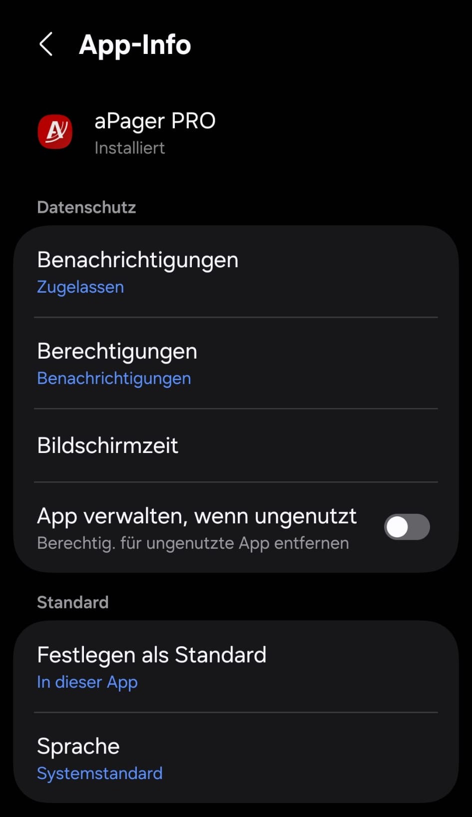App-Info von aPager PRO: Benachrichtigungen zugelassen und „App verwalten, wenn ungenutzt“ ausgeschaltet, damit die App nicht automatisch deaktiviert wird.