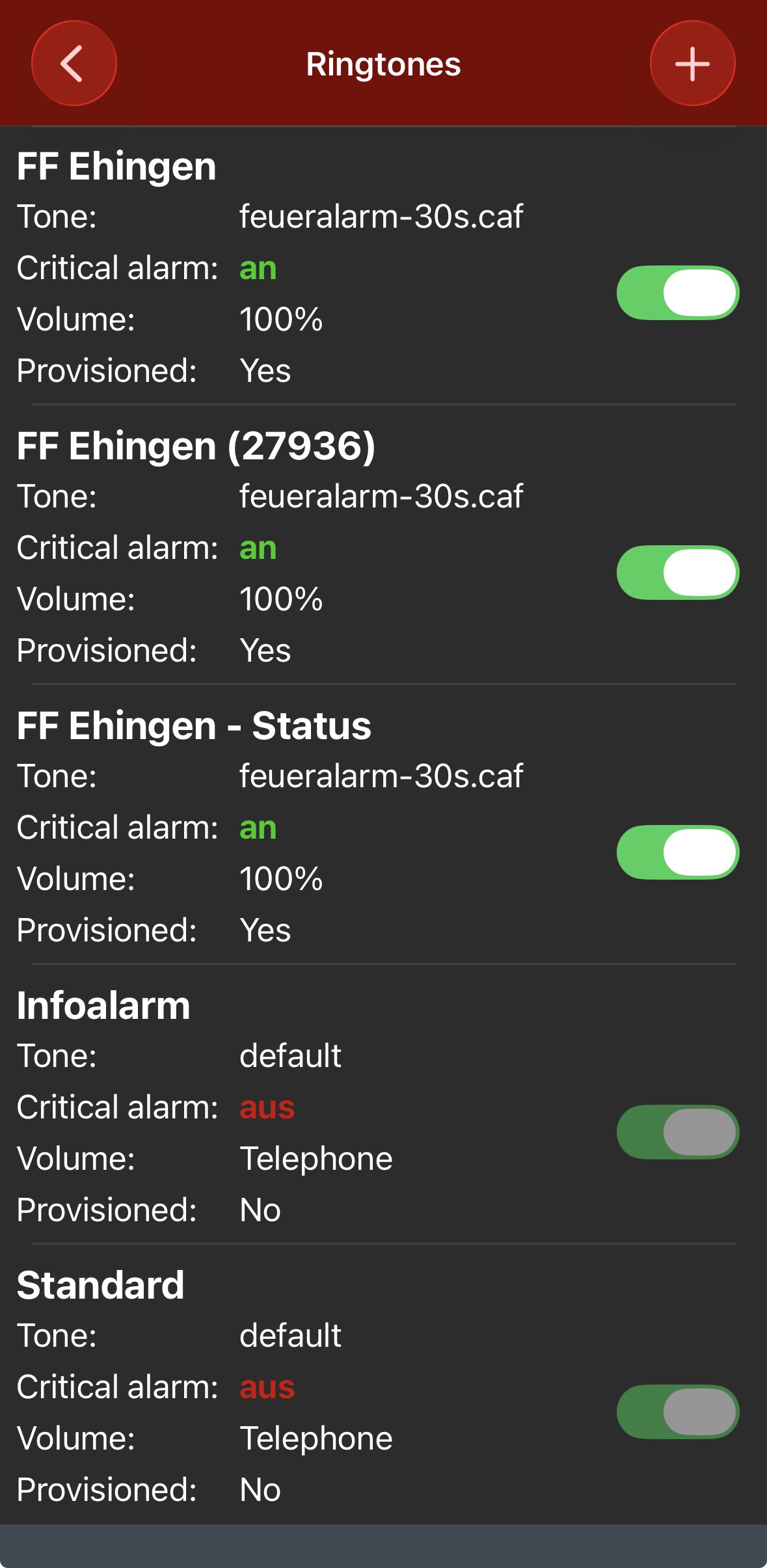 Klingeltöne-Übersicht: die Einheiten „FF Ehingen“, „FF Ehingen (27936)“ und „FF Ehingen – Status“ jeweils aktiviert mit „Critical alarm: an“, Volume 100 % und Ton feueralarm-30s.caf.