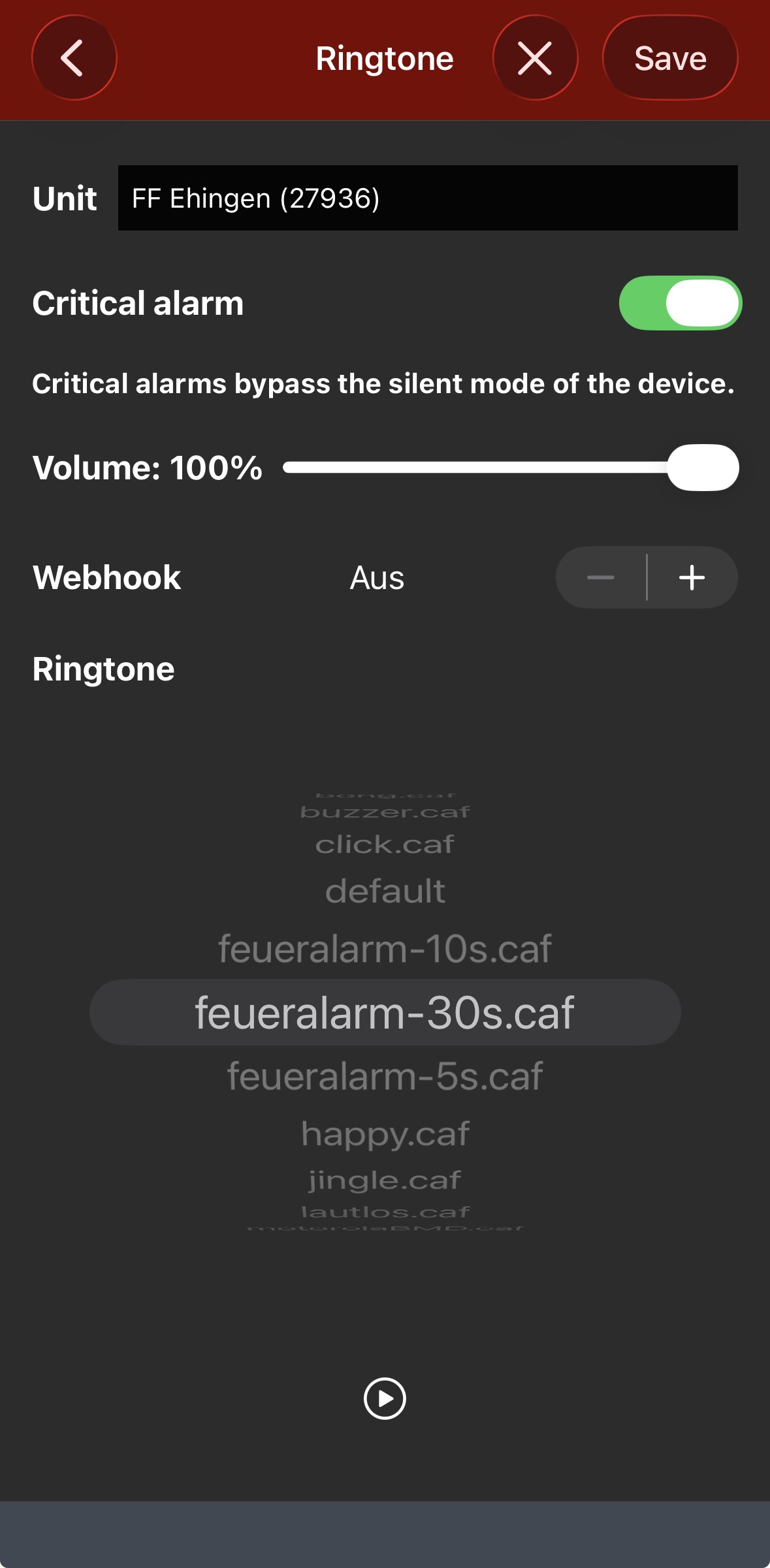 Bearbeitung der Einheit „FF Ehingen (27936)“: Schalter „Critical alarm“ aktiviert mit Hinweis „Critical alarms bypass the silent mode of the device.“, Volume 100 %, Klingelton feueralarm-30s.caf ausgewählt.