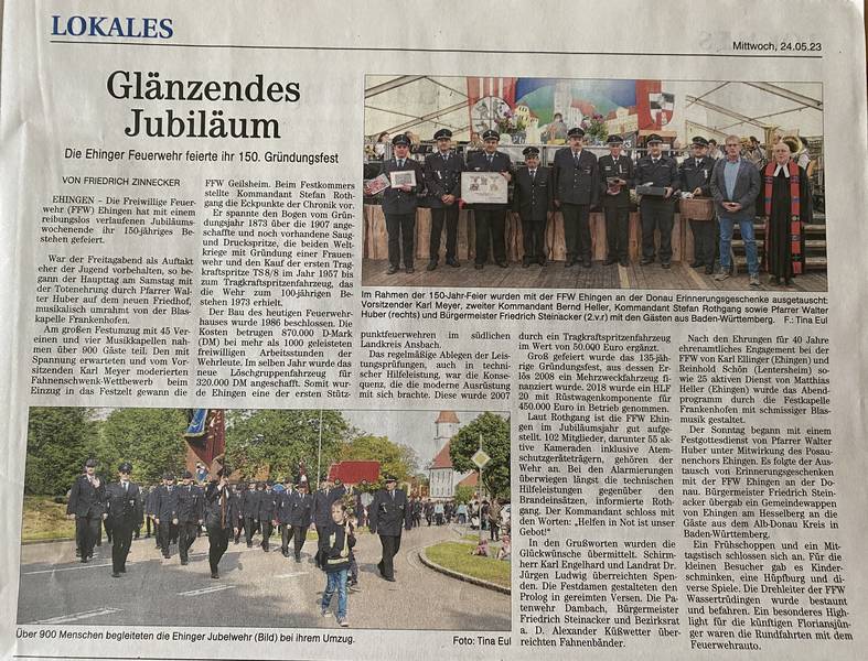 Feuerwehrfest 150 Jahre FFW Ehingen